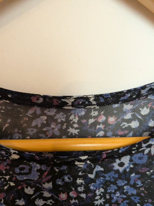 Sans marque Haut en tulle fluide fleuri bleu manches 3/4 Romantique "M"