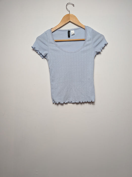 Haut côtelé à bordure dentelle bleu pastel - H&M - XS