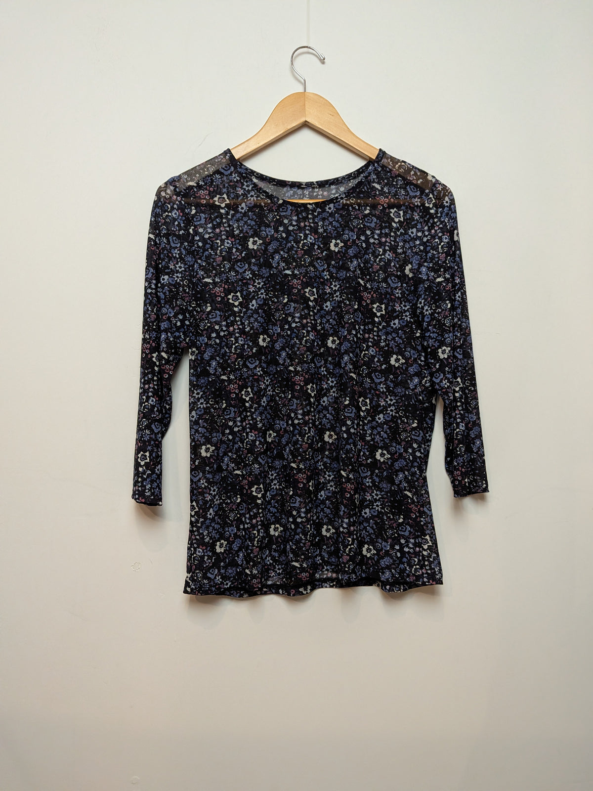 Sans marque Haut en tulle fluide fleuri bleu manches 3/4 Romantique "M"