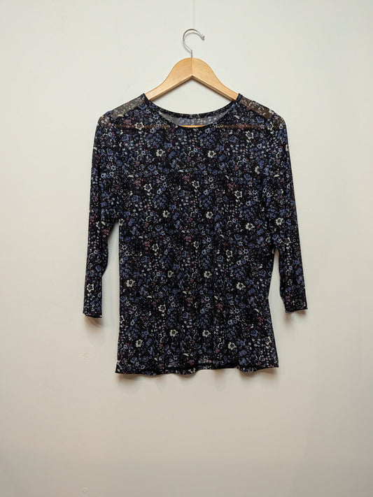 Sans marque Haut en tulle fluide fleuri bleu manches 3/4 Romantique "M"