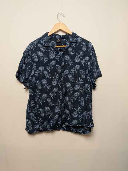LEVEL TEN Chemise hawaïenne fluide bleu marine ananas Rétro M