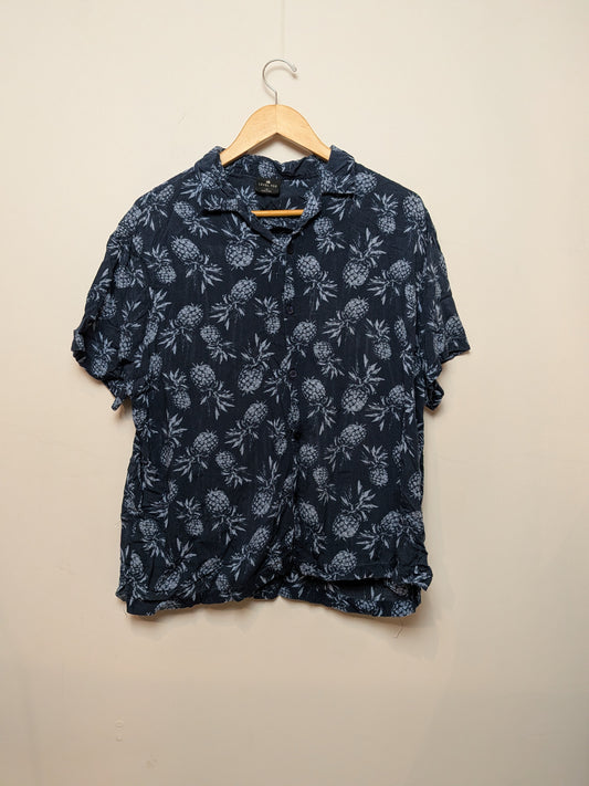 LEVEL TEN Chemise hawaïenne fluide bleu marine ananas Rétro M